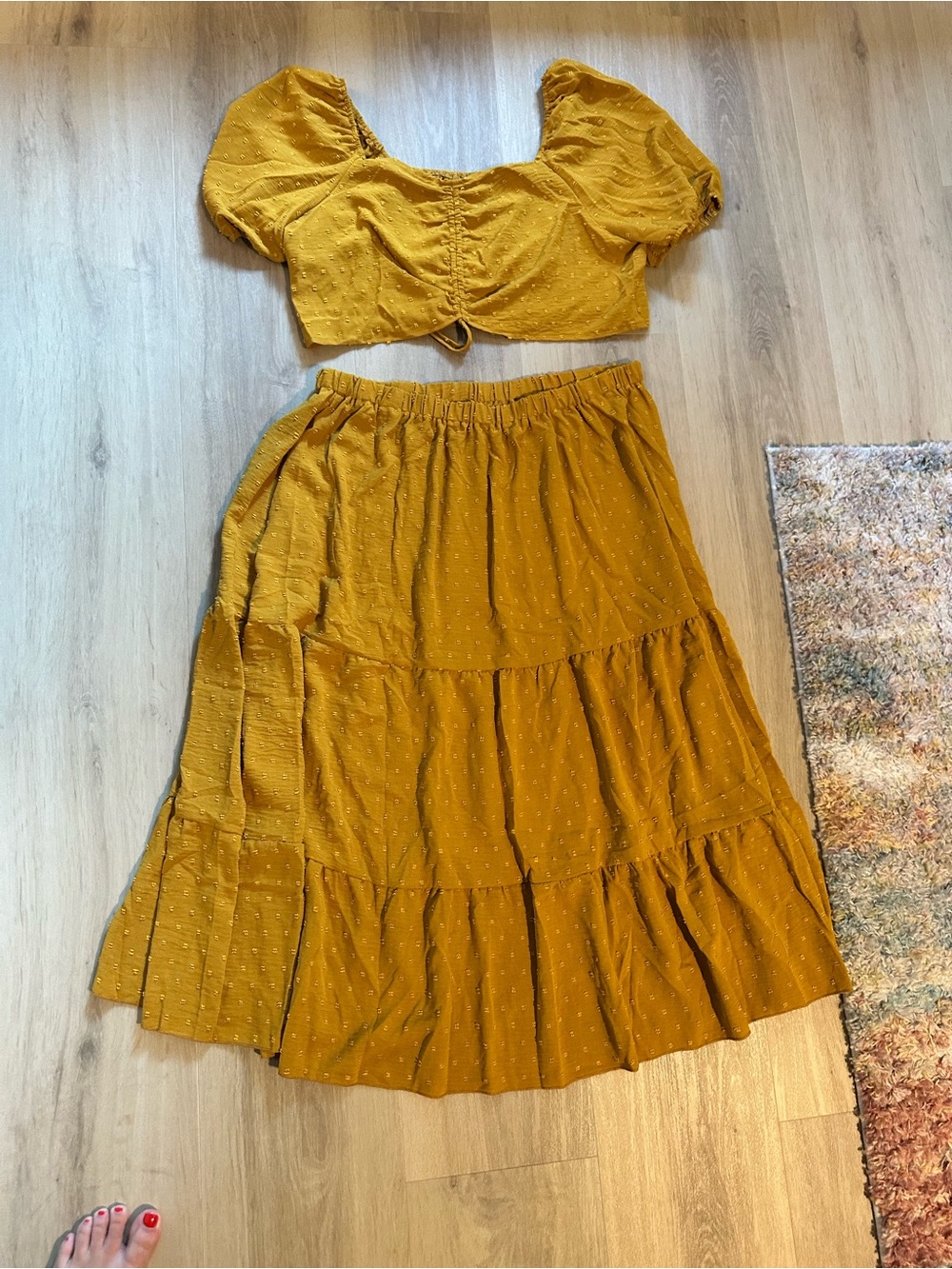 SHEIN Mustard Tiered Two-Piece Crop Top & Midi Skirt Set